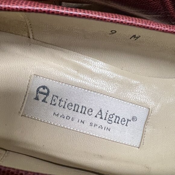 Vtg 90s Etienne Aigner 9 M Red Embossed Red Leather Block Heels Shoes Pumps - Picture 10 of 10